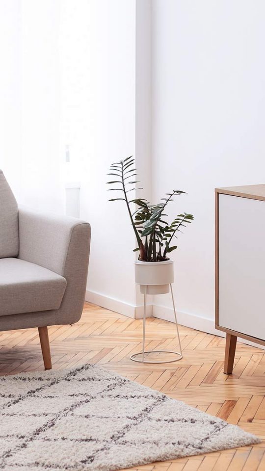a living room with a white couch and a rug at The Cedars Apartments